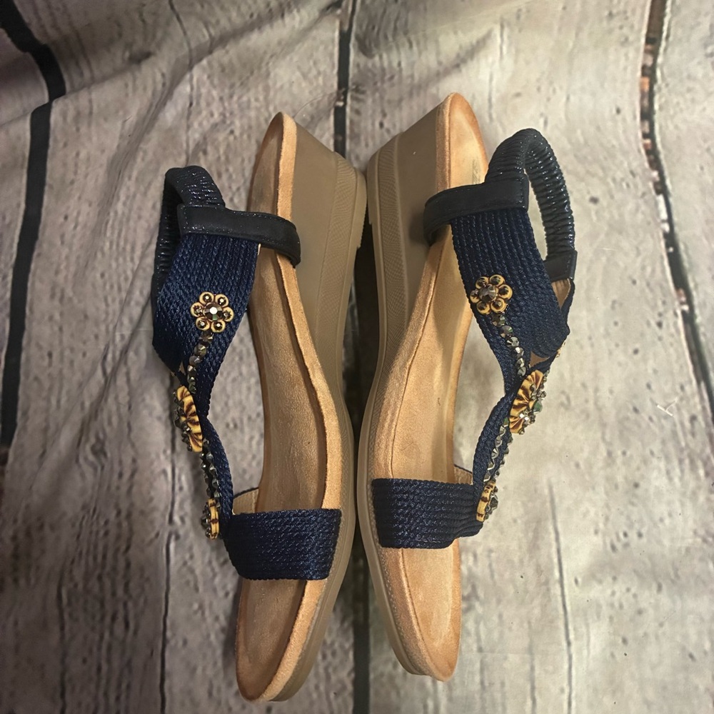SHIBEVER Glitter Sandals‎ WMS 40 Rhinestone Casual Open Toe Wedge Slingback Blue - Picture 8 of 10
